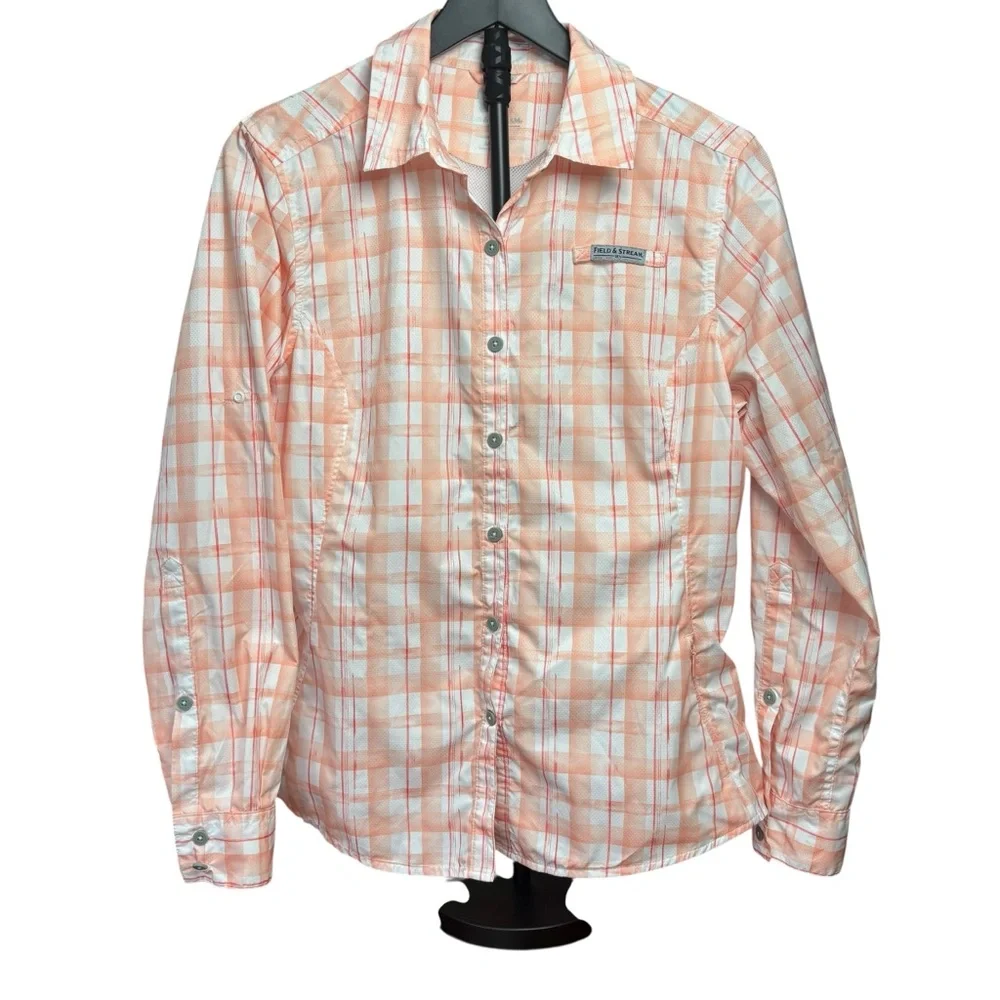 Field & Stream Peach/Wht Plaid Button-Up Long Sleeve Cool Sporting Shirt Women L - Picture 2 of 8
